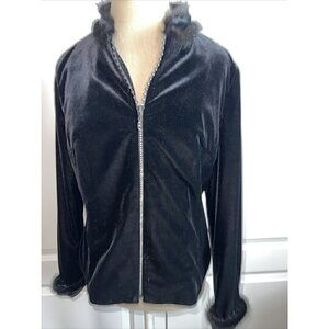 Elina Createur Black Velvet Jacket  Rhinestone Zipper & Fur Collar & Cuffs